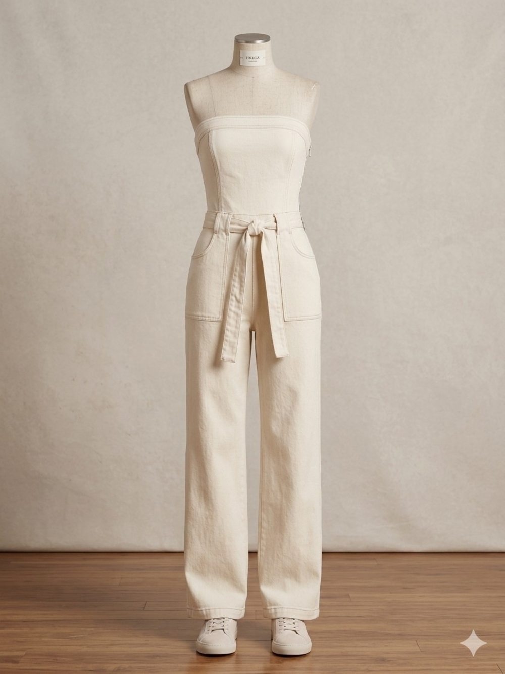 Strapless Cream Wide-Leg Tie-Waist Jumpsuit